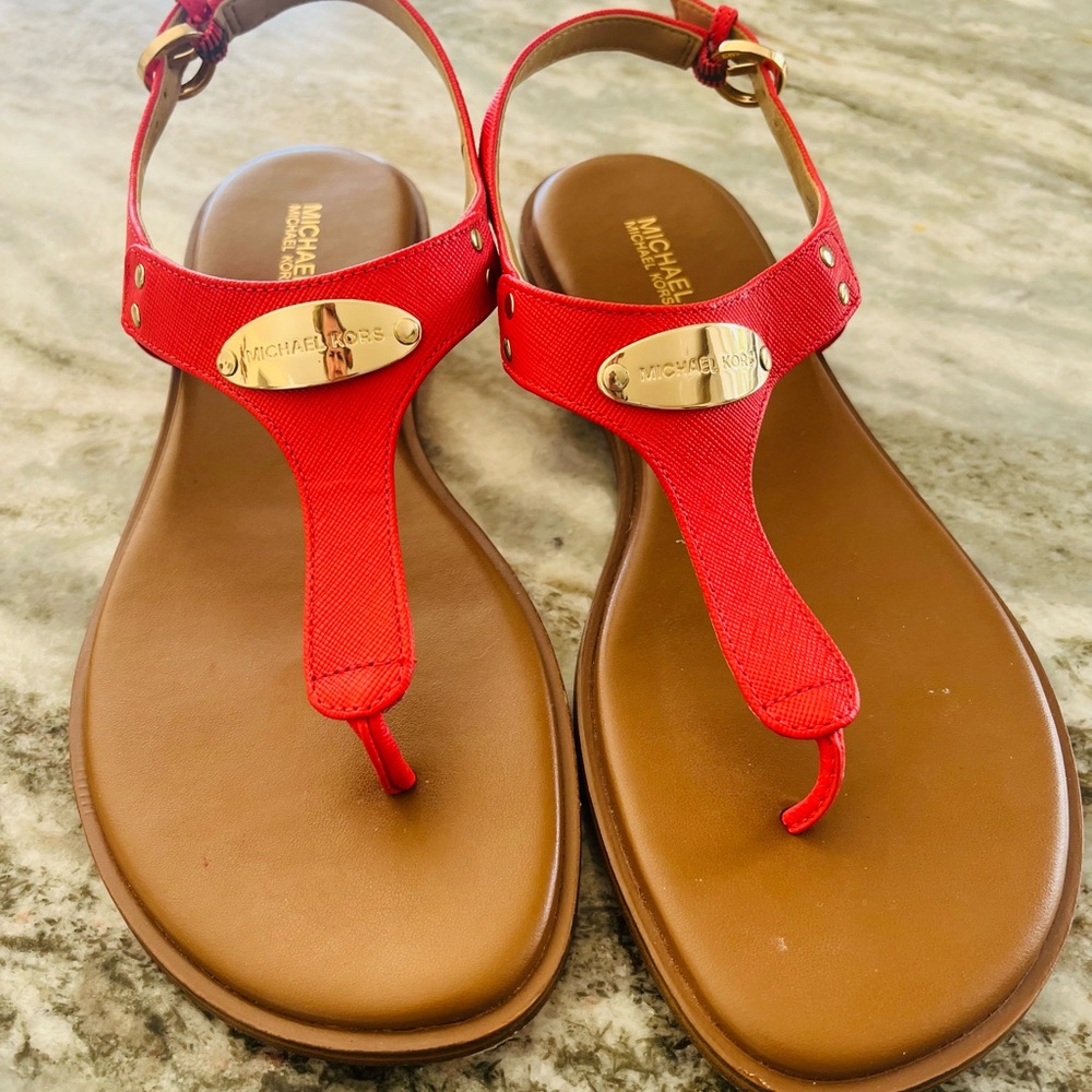 Michael Kors Red T-Strap Sandals with Gold Plaque